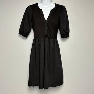 Loft Puff Sleeve Black Casual Minimalist V-Neck Boho‎ Peasant Mini Dress Sz XS